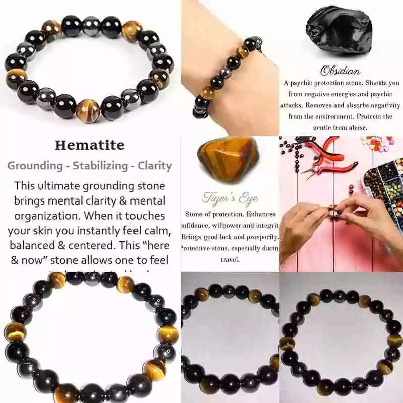 Natural Black Obsidian Hematite Tiger Eye Beads Bracelet