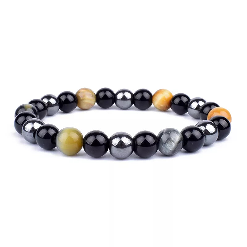 Natural Black Obsidian Hematite Tiger Eye Beads Bracelet