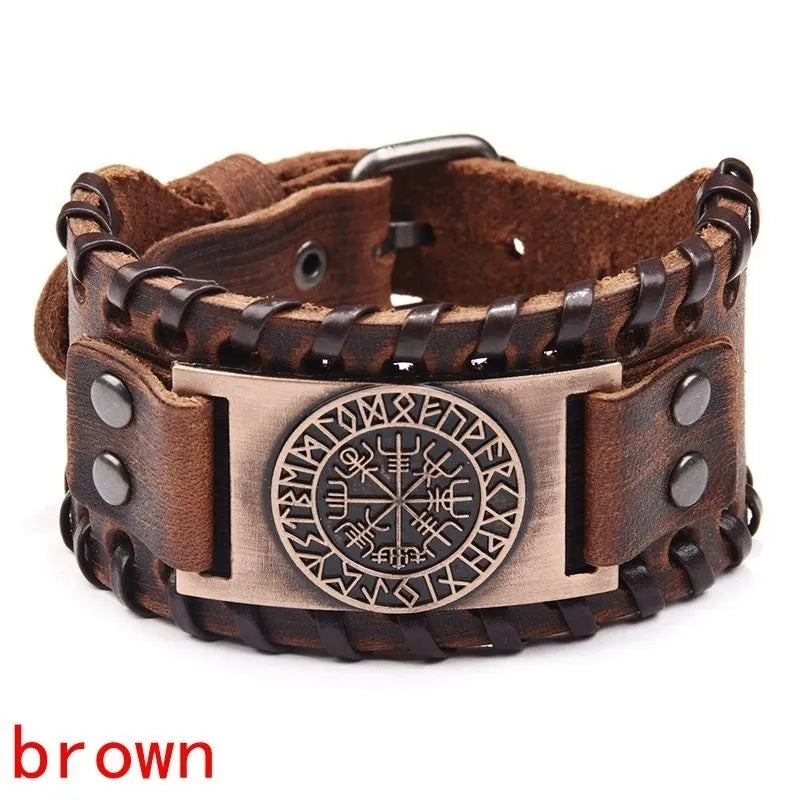 New Retro Wide Leather Pirate Compass Bracelet
