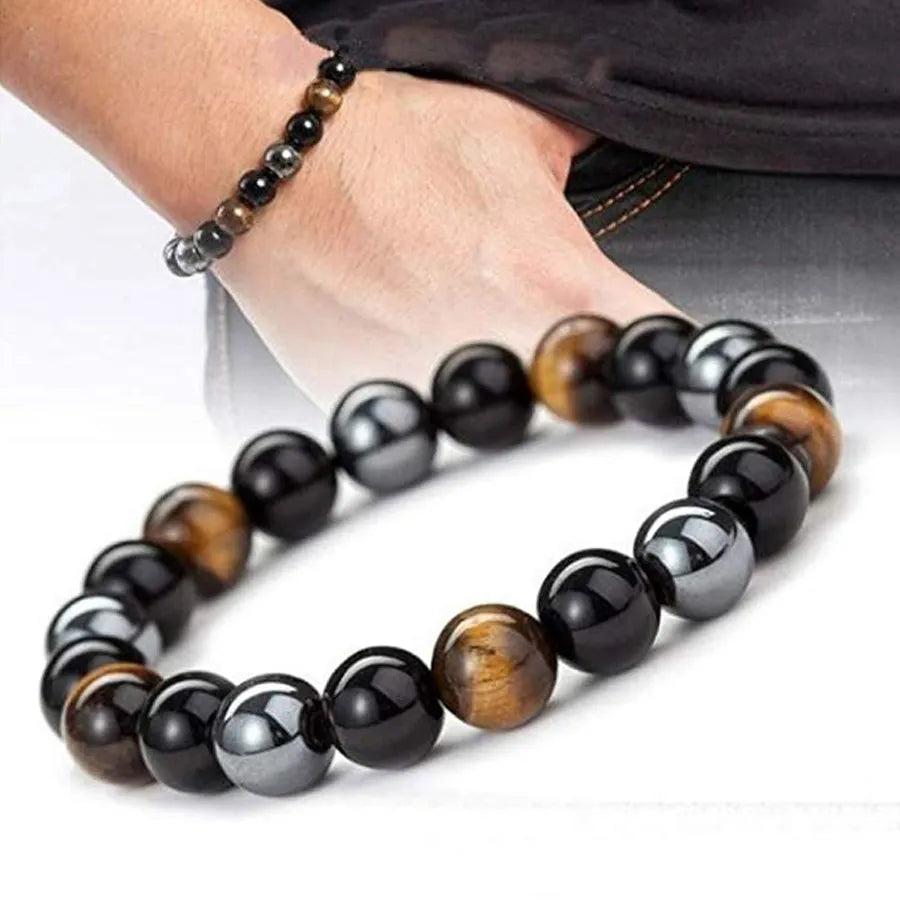 Natural Black Obsidian Hematite Tiger Eye Beads Bracelet