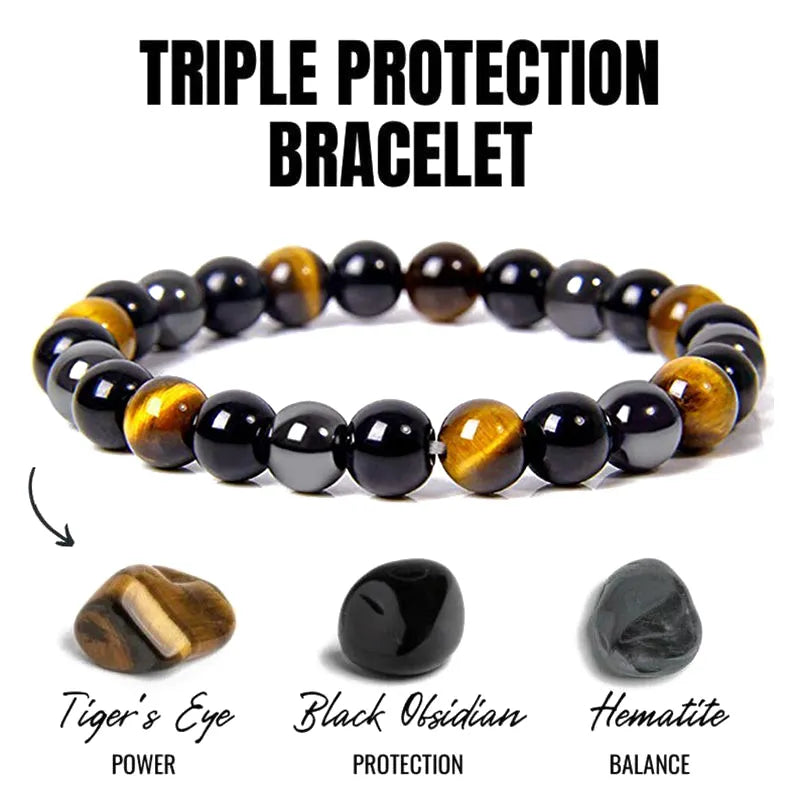 Natural Black Obsidian Hematite Tiger Eye Beads Bracelet